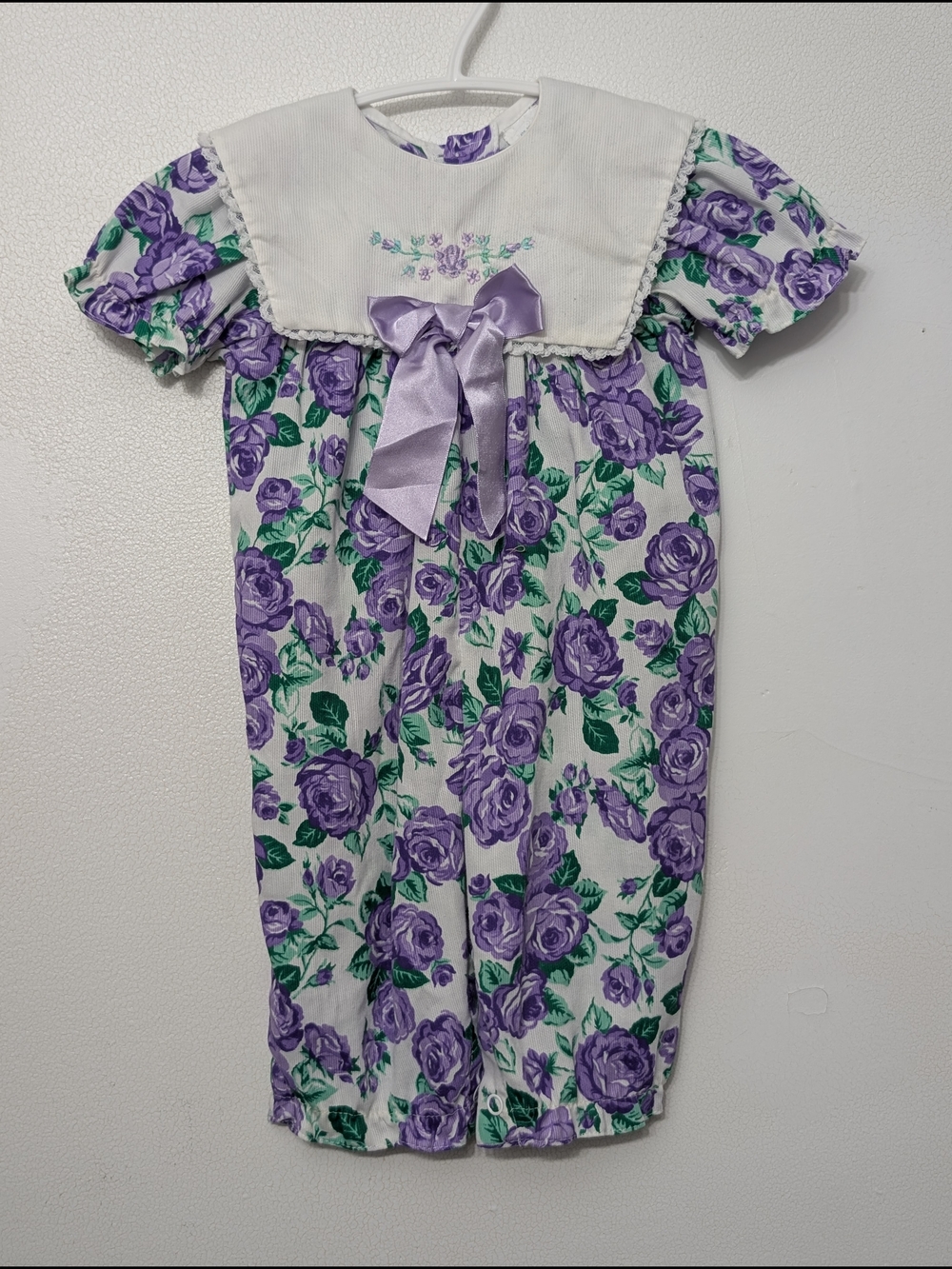 Girls' Purple Floral Vintage Romper with Satin Bow 0-14 Lbs Cottagecore
